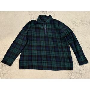 Lands End Mens Fleece Pullover L Green Navy Blue Plaid Quarter Zip Mock Neck Top
